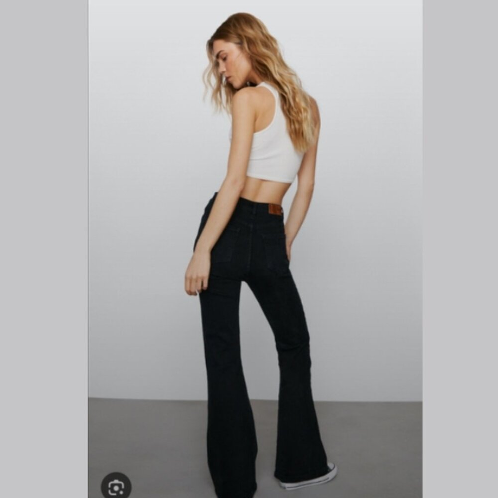 Nasty Gal Fawn Petite Denim High Waisted Flared Jeans In True Black